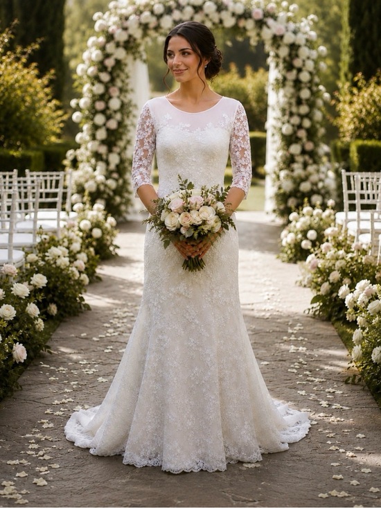DaVinci Dresses & Skirts - Elegant DaVinci Ivory Lace Bridal Gown with Three-Quarter Sleeves